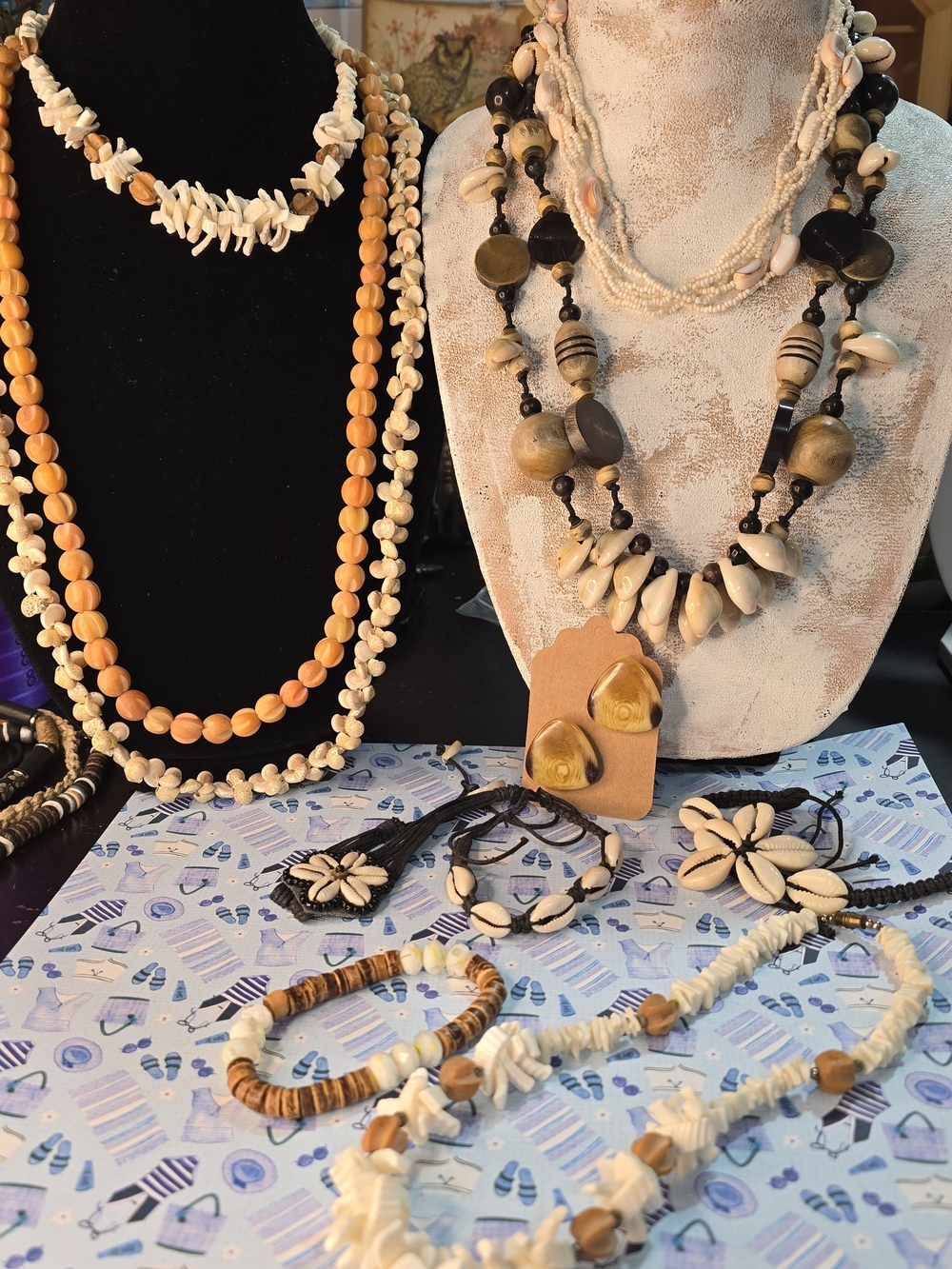 Beach theme jewelry bundle Cowrie shell wood  11 pieces
